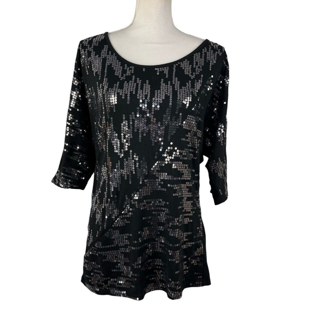 Black Sequins Half Sleeve Pullover Shirt Large Retro Vanity Premium Metallic